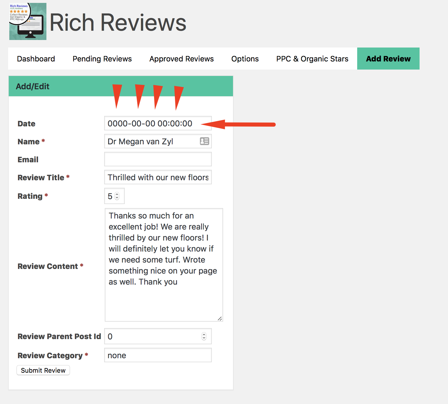date improperly formatted correct in dashboard rich reviews error 2